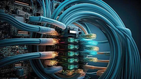 Nahaufnahme mehrerer leuchtender Netzwerkkabel, angeschlossen an einen Server.