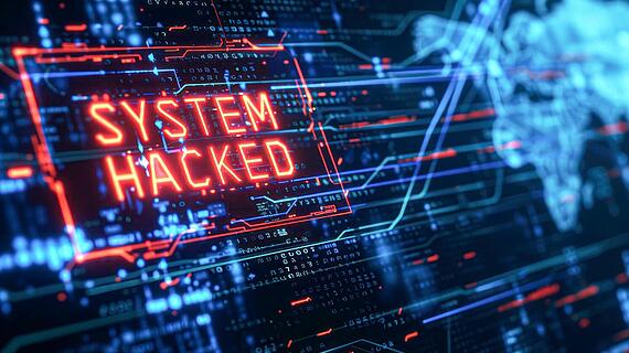 Blaue und rote Linien mit Zahlen dazwischen und den Worten 'System hacked'
